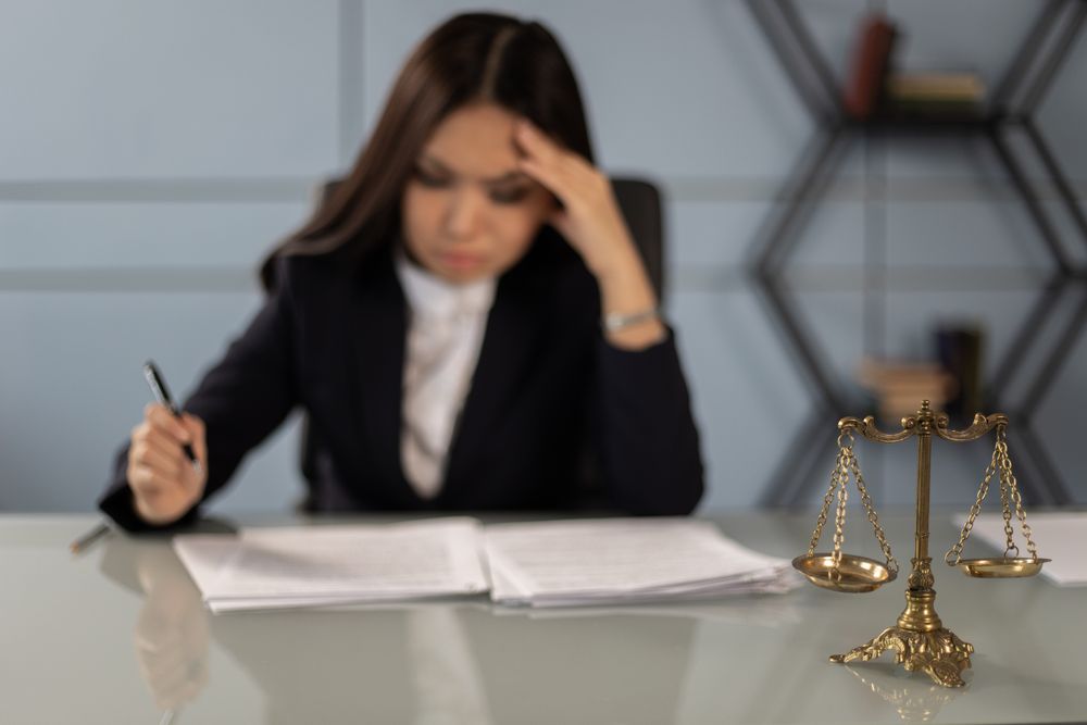Empresária preocupada revisando papéis