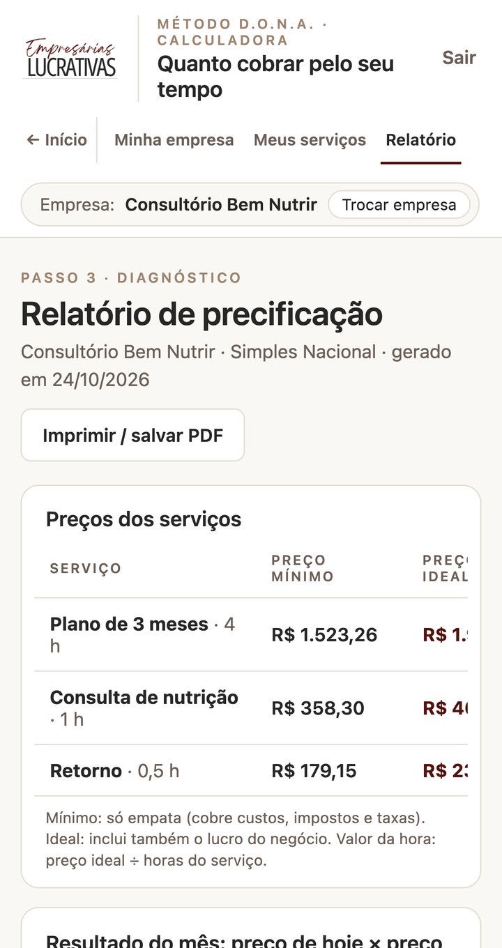 Relatório de precificação da calculadora no celular