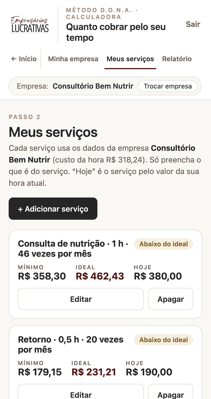 Tela Meus serviços da calculadora: preço mínimo, ideal e o de hoje